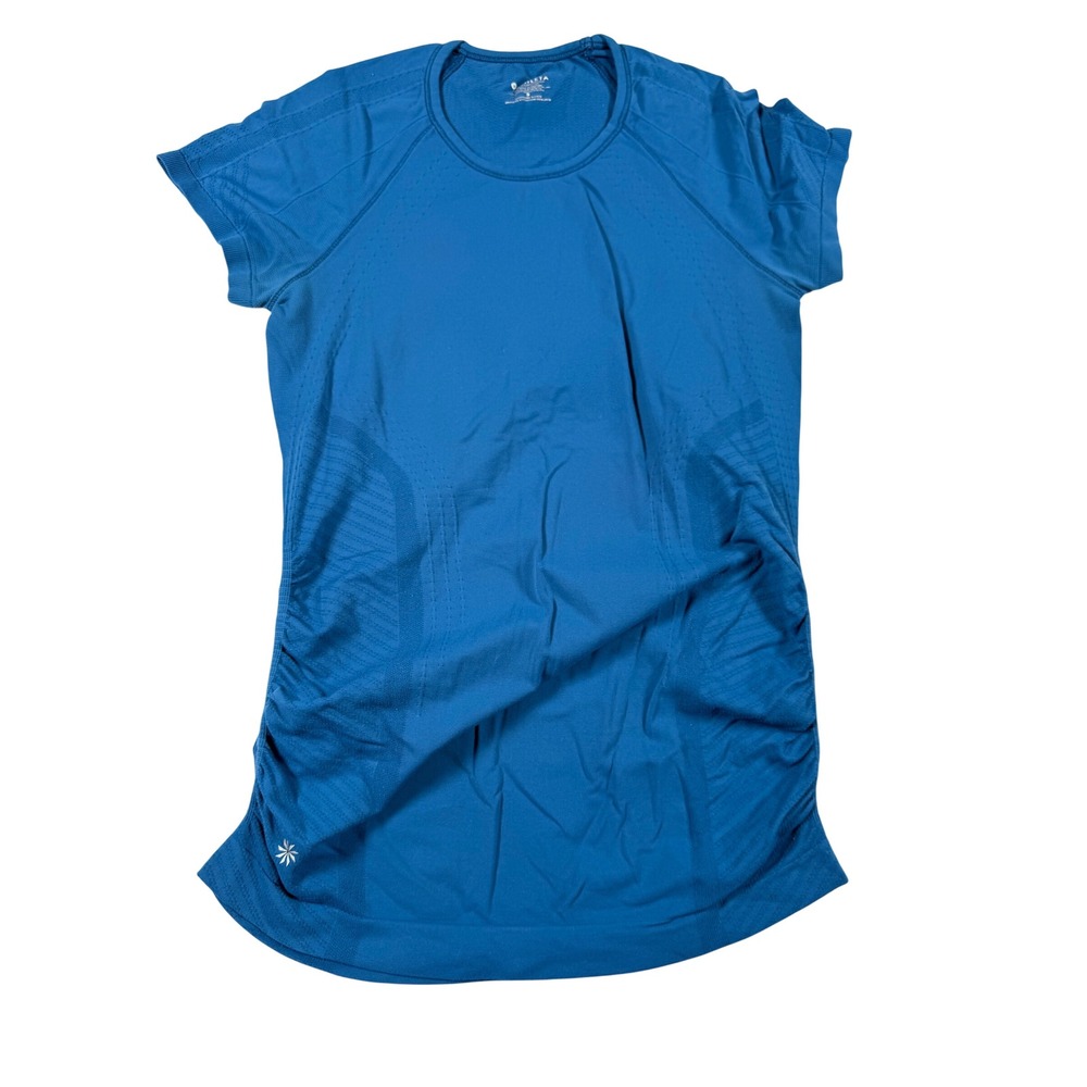 Athleta Speedlight Short Sleeve Tee Blue Ruched Seamless Workout Shirt Small